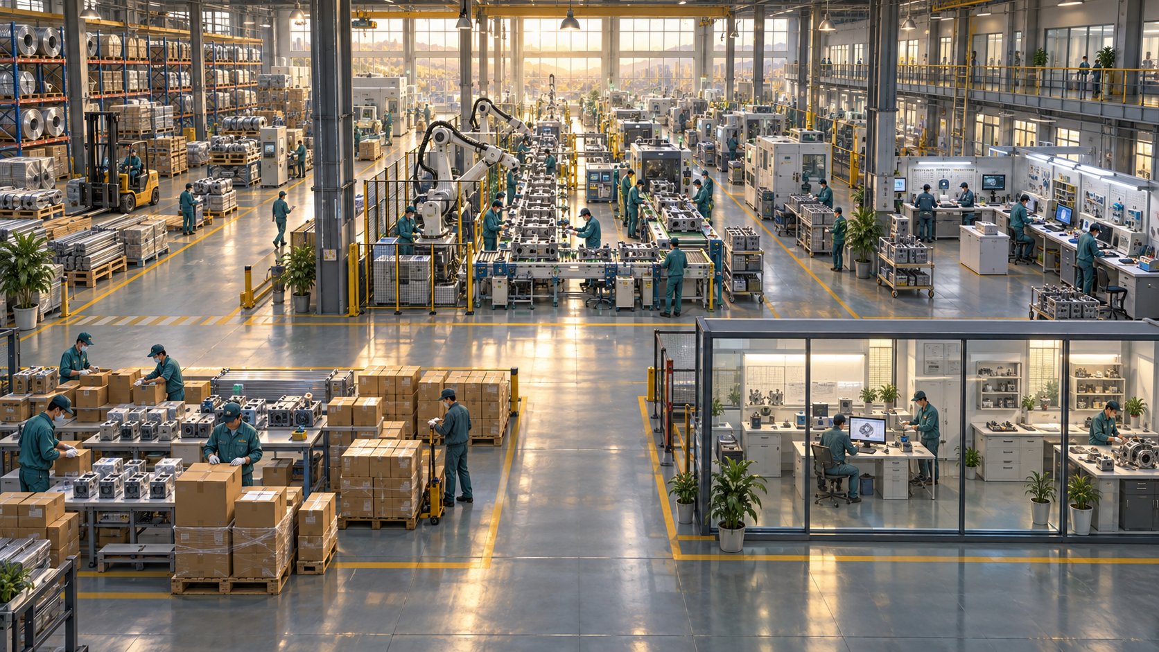 Large manufacturing hall with workers operating machines, assembly lines, testing benches and packing stations